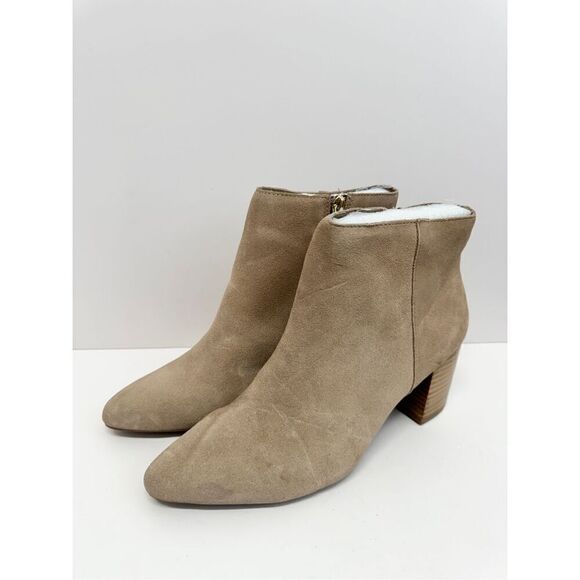 Blondo Booties Size 8 Tan Cow Suede Ankle Boots Block Heel Pull On Side Zip - Picture 2 of 9